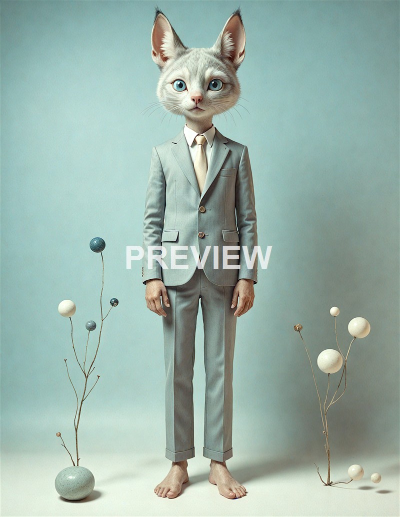 A humanoid figure with the body of a person dressed in a grey suit and the head of a cat with blue eyes, standing barefoot in front of a plain background with decorative plants on either side.